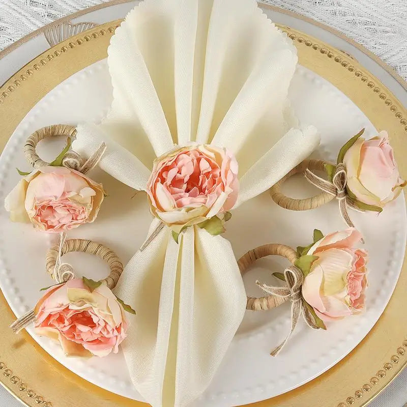 4PCS Pink Peony Napkin Rings – Burlap Twine Wedding Table Decor Napkin Rings Babs