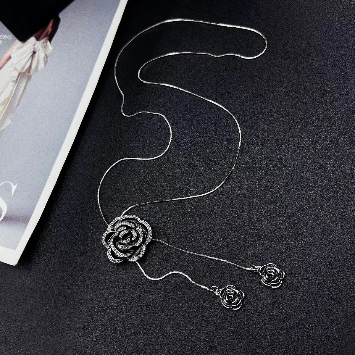 Women's Black Rose Long Sweater Chain Necklace | Zinc Alloy Fashion Necklace Babs