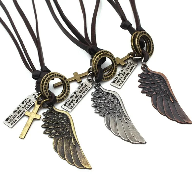 Vintage Leather Feather Pendant Necklace – Unisex Jewelry Pendant Necklace Babs