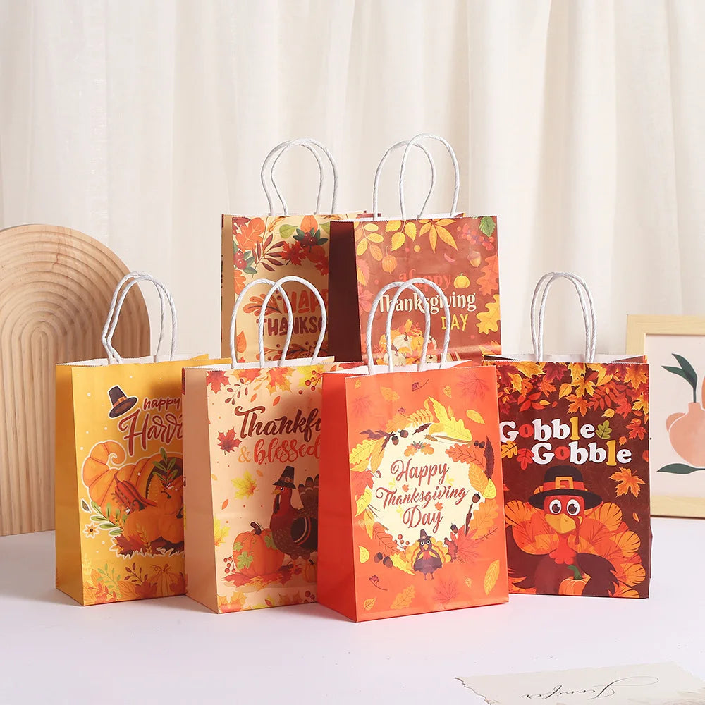 Thanksgiving Kraft Gift Bags | Maple Leaf, Pumpkin & Turkey Print Kraft Paper Gift Bags Babs