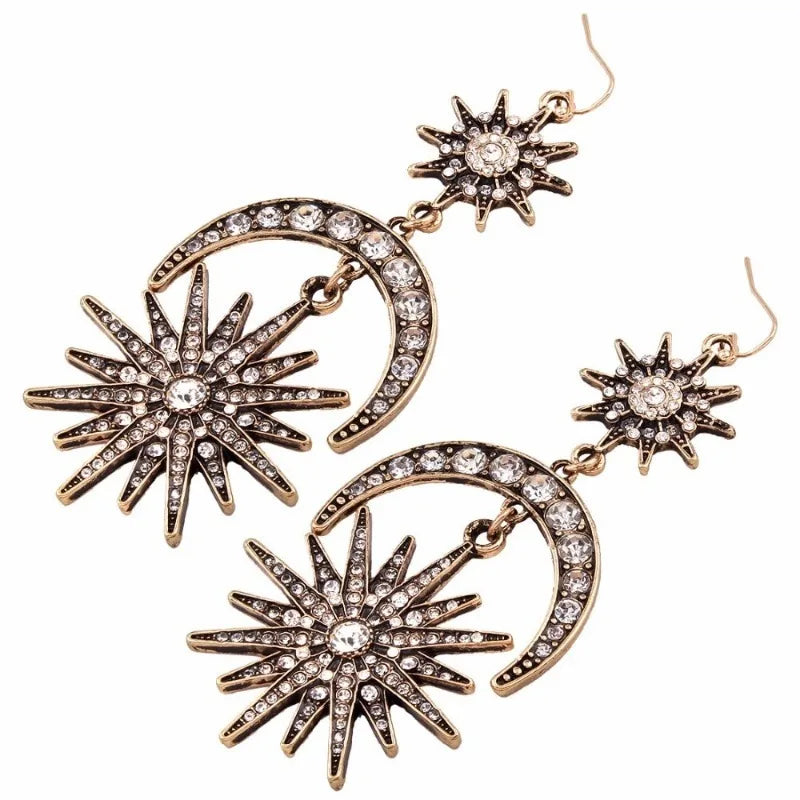 Sun Moon Stars Drop Earrings – Boho Rhinestone Statement Jewelry Drop Earrings Babs