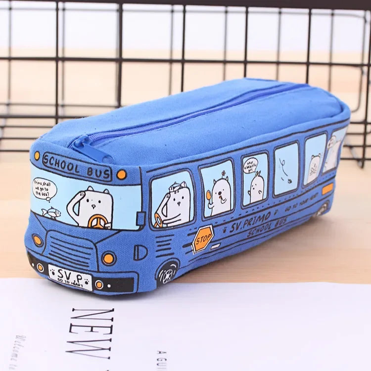 Cartoon Bus Canvas Pencil Case – Large Capacity, 3 Colors Pencil Case Babs Blue