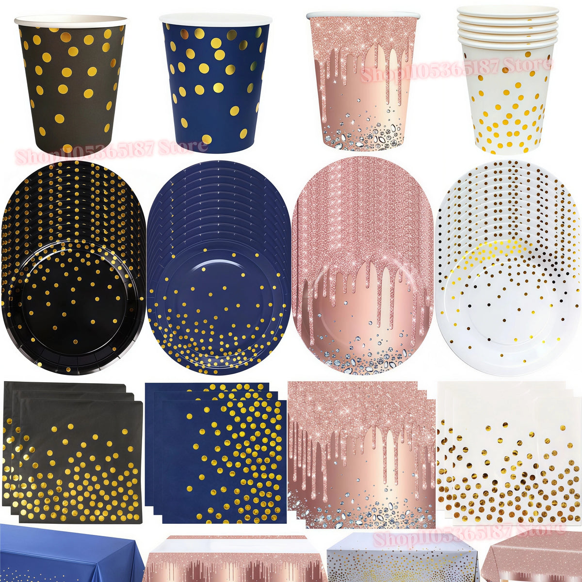 Rose Gold Dark Blue Party Tableware – Cups, Plates & Napkins Set Party Tableware Set Babs