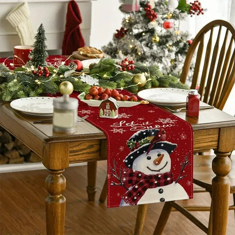 Linen Christmas Table Runner – Snowman & Xmas Tree, 72x13" Christmas Table Runner Babs