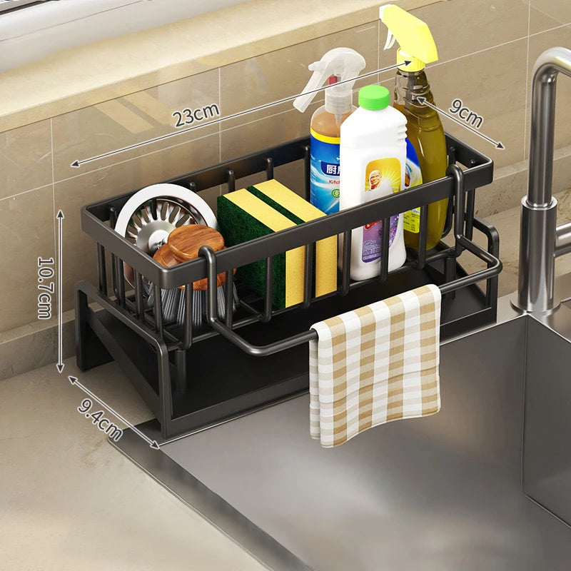 Multifunctional Kitchen Sponge Rack & Countertop Organizer Kitchen Sink Organizer Babs ABS- Black-With Rods