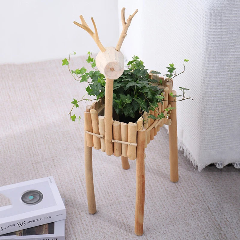 Log Deer Wooden Flower Pot – Modern Indoor Decorative Planter Decorative Wood Planter Babs
