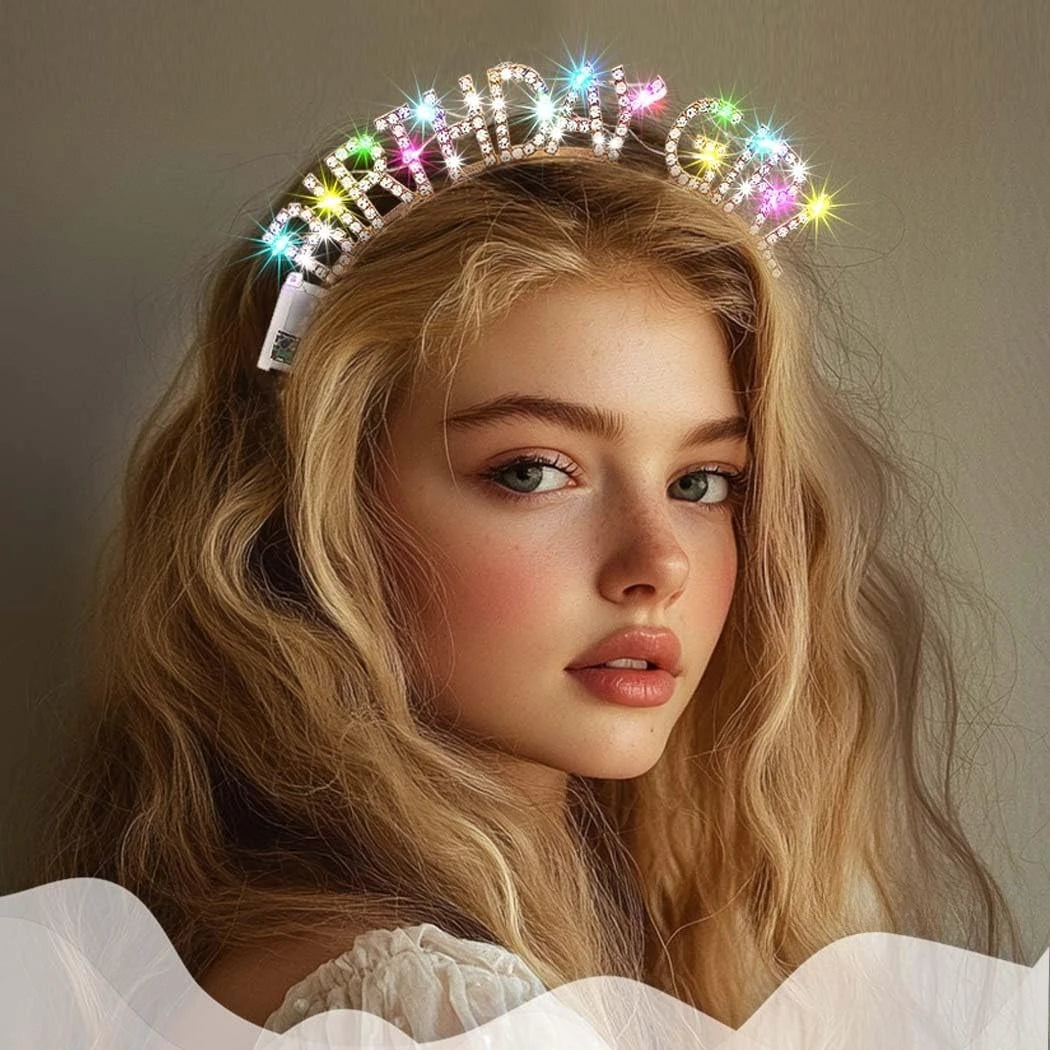 Light Up Birthday Crown & Sash Set – LED Rhinestone Headband Party Crown Sash Set Babs