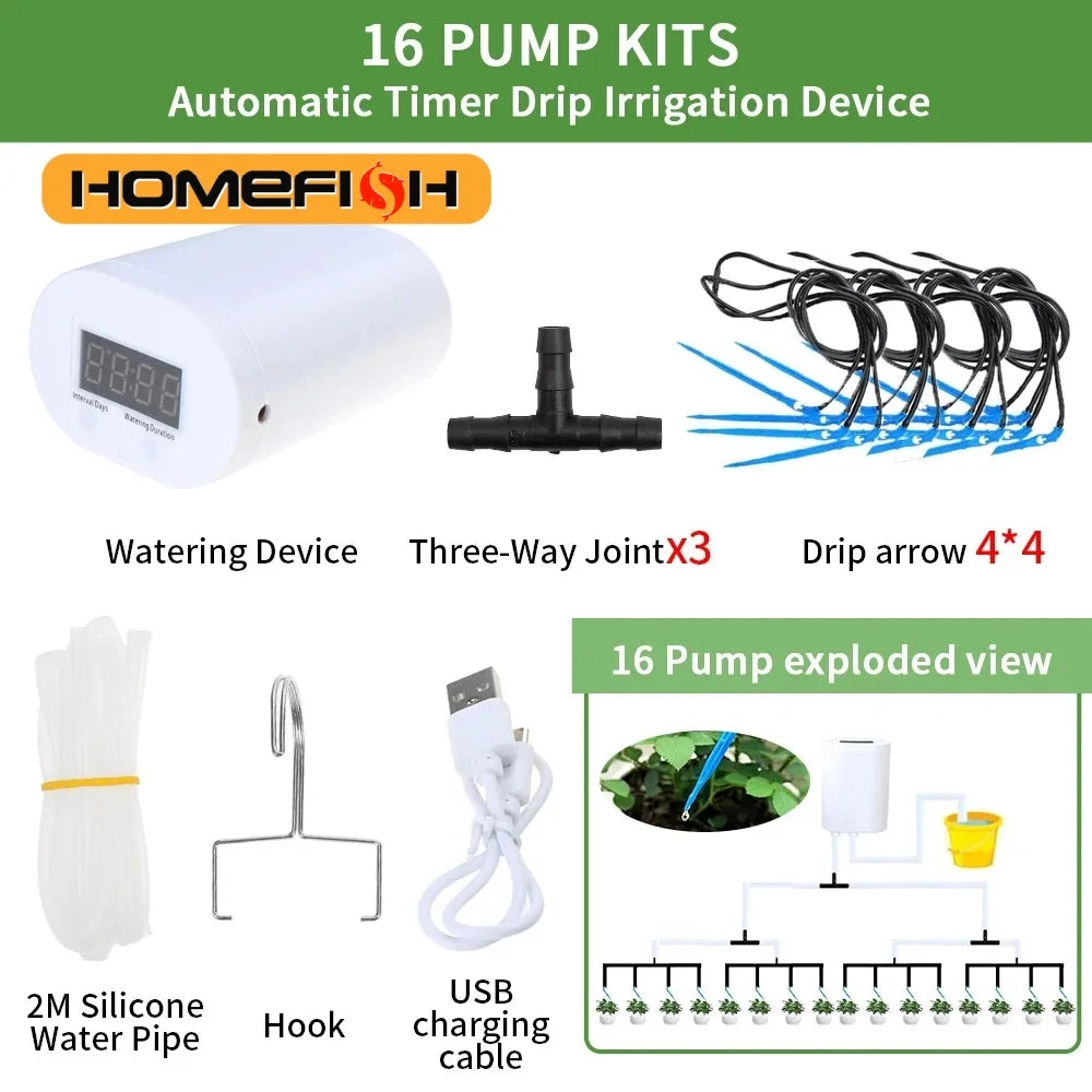 Automatic Drip Irrigation Kit – 4/8/16 Head Timer Watering System Drip Irrigation Kit Babs 16 pump kit