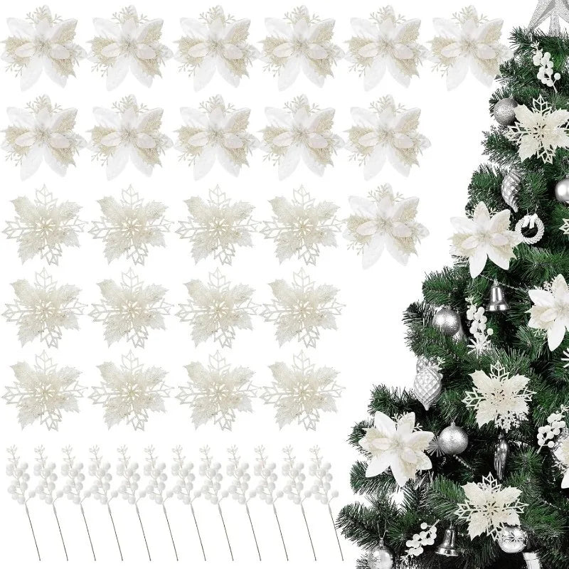 3Pcs White Glitter Artificial Flower Stems Christmas Tree Decor Christmas Tree Picks Babs