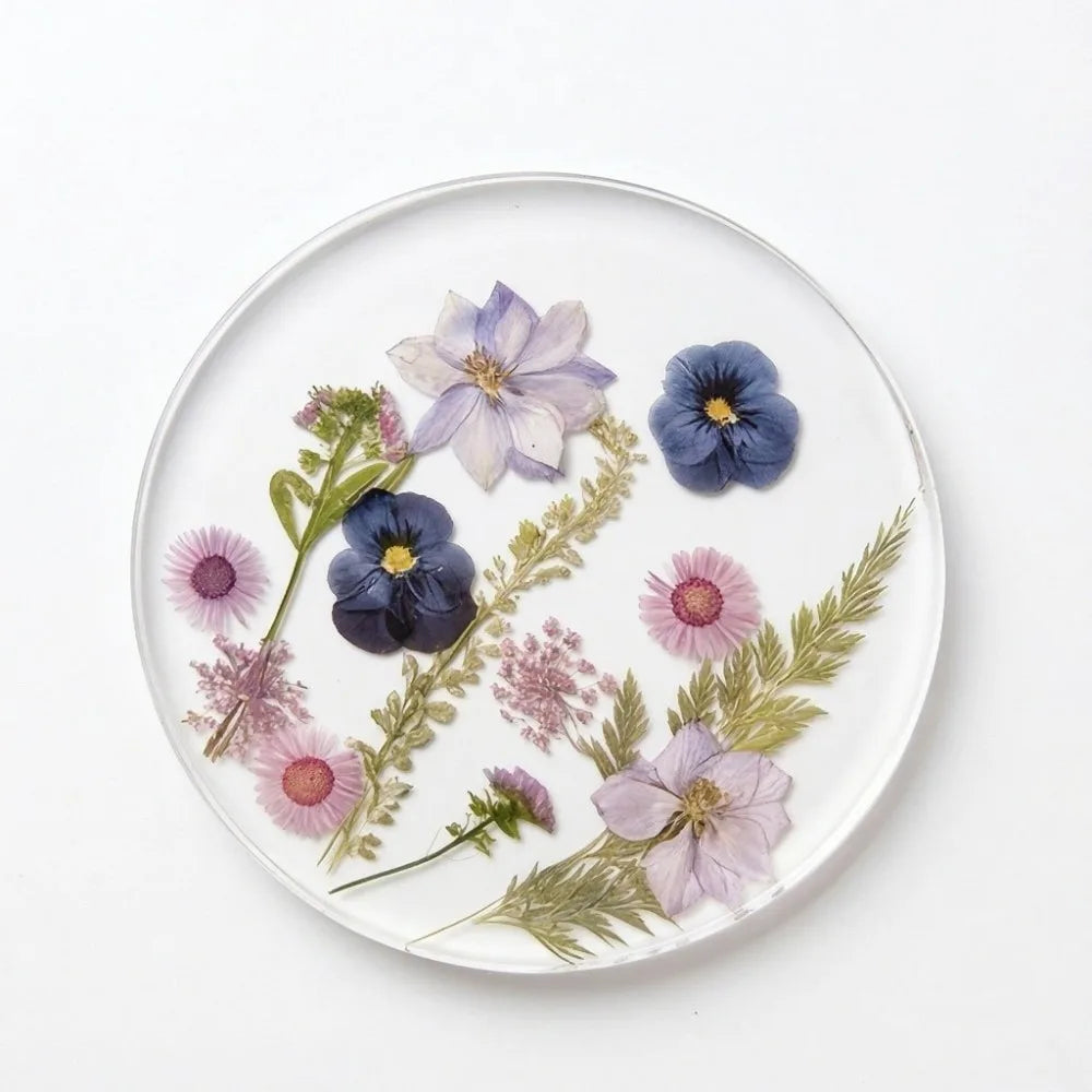 Round Acrylic Coasters – Colorful Floral Transparent Cup Mats Decorative Coasters Babs Purple Blue
