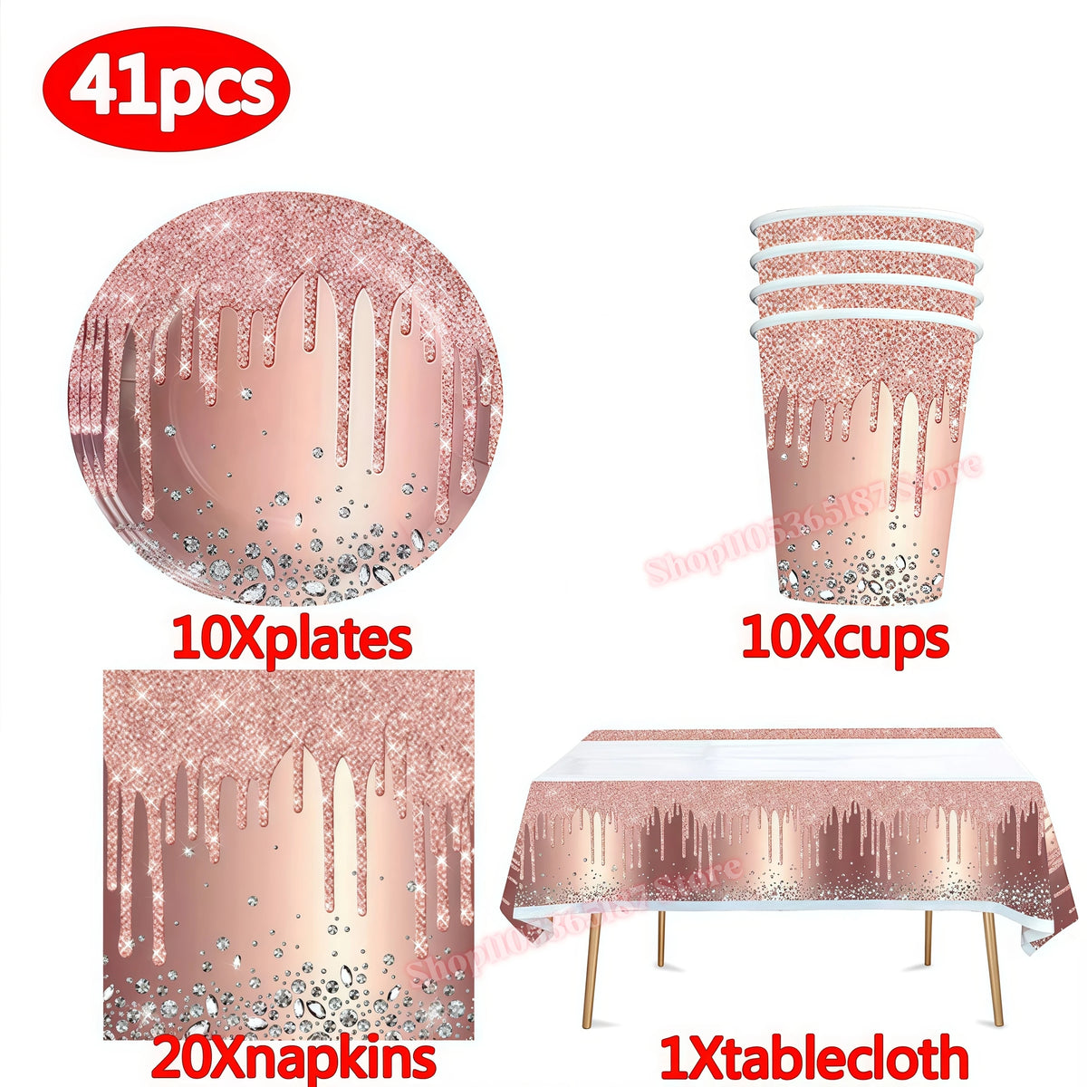 Pink Rose Gold Diamond Glitter Party Plates & Cups – 6pc Party Tableware Set Babs 41pcs others