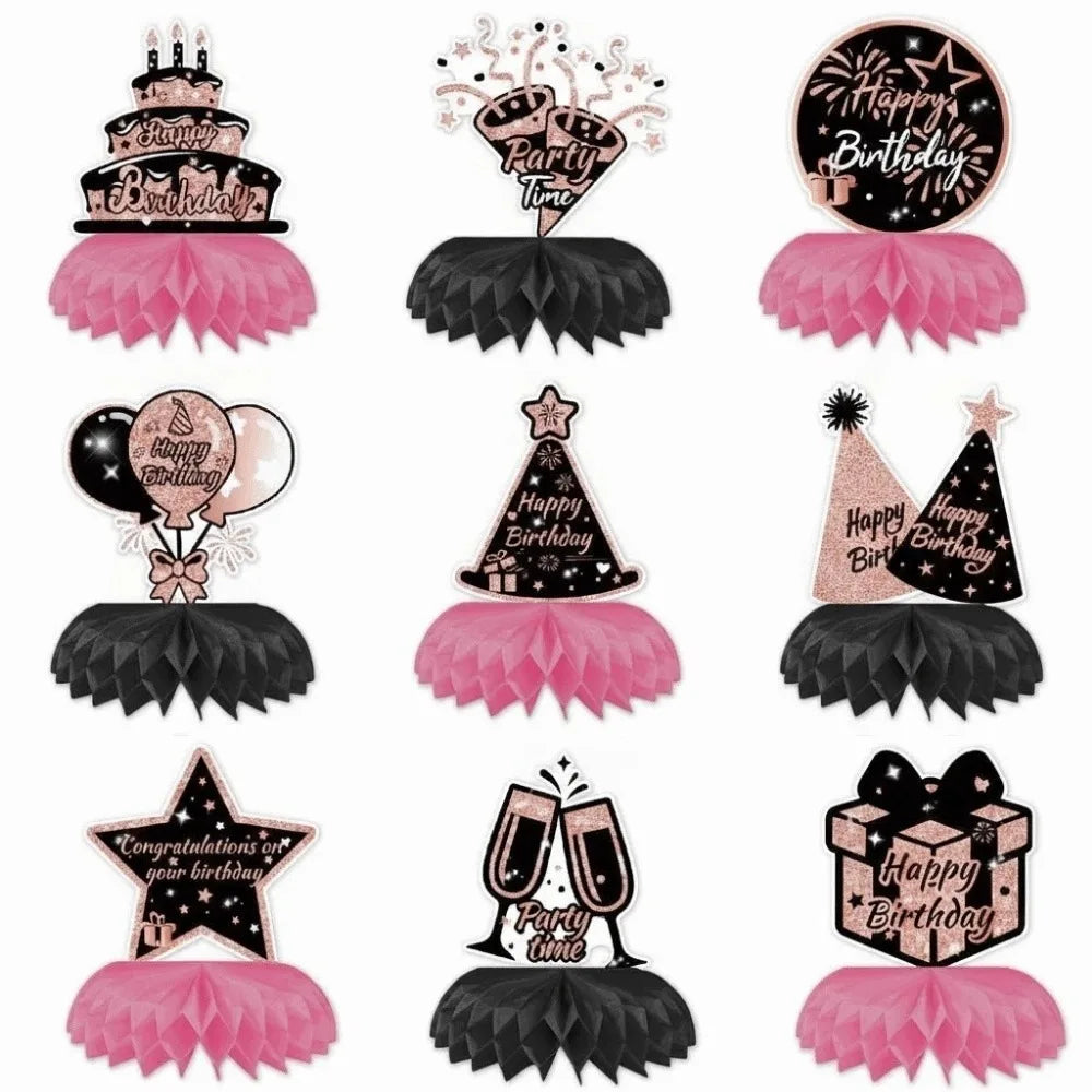 9-Piece 3D Birthday Paper Honeycomb Decorations Party Set Party Honeycomb Decor Babs Pink