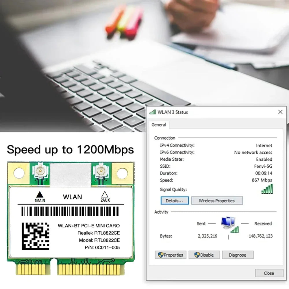 KEBIDUMEI RTL8822CE Mini PCI-E WiFi Card 1200Mbps Bluetooth 5.0 Mini PCI-E WiFi Card Babs