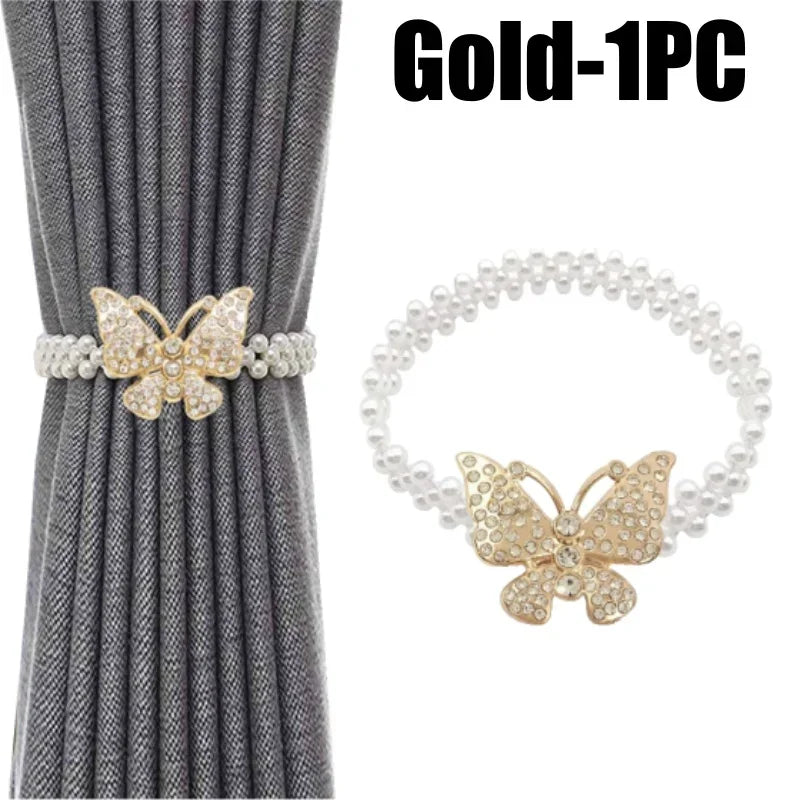 Bohemian Pearl Butterfly Curtain Tie Backs – Elastic Bow Clips Curtain Tie Backs Babs Gold-1PC