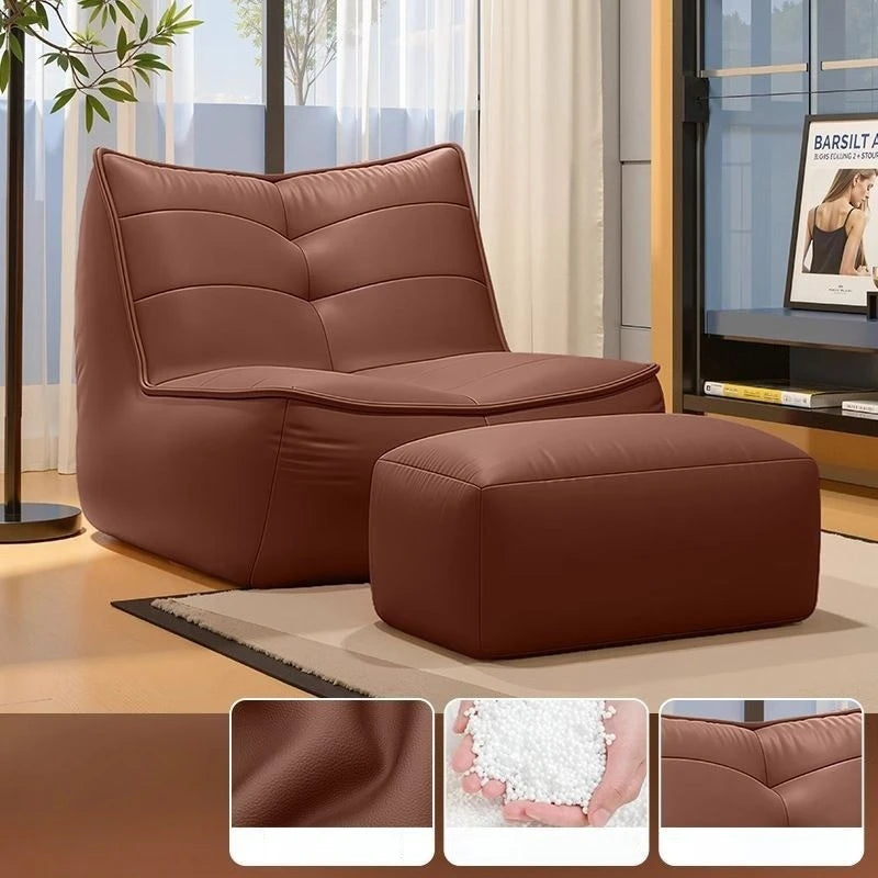 Luxury Leather Single Sofa with Ottoman | Modern Living Room Leather Living Room Sofa Babs Brown-With Ottoman