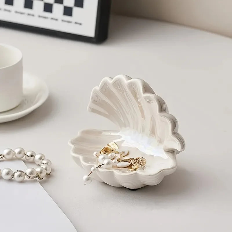 Semi-Circular Ceramic Shell Tray – Jewelry & Key Storage Dish Ceramic Decorative Tray Babs White