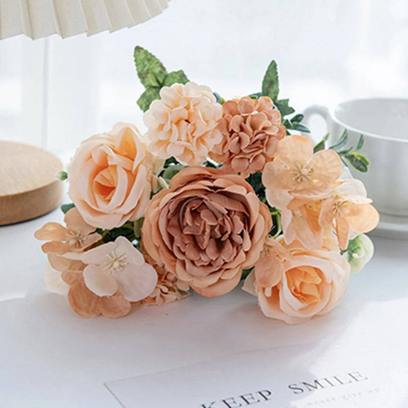 7-Fork Silk Peony Rose Hydrangea Artificial Flower Bouquet Artificial Flower Bouquet Babs Champagne 1pc