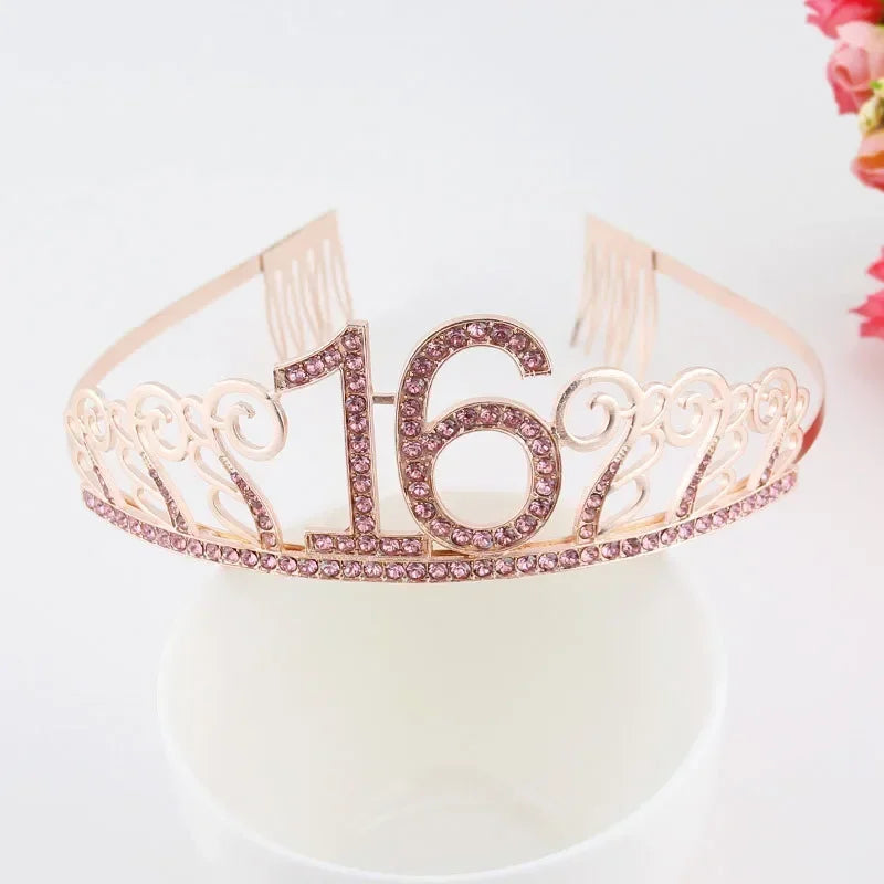 Rose Gold Satin Sash & Crystal Crown Tiara Set – Birthday Party Party Sash & Tiara Set Babs crown 16