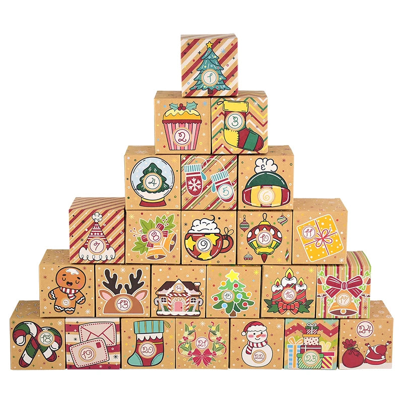 24-Day Christmas Advent Calendar Kraft Paper Gift Boxes Set Advent Calendar Boxes Babs Set-B 7x7cm