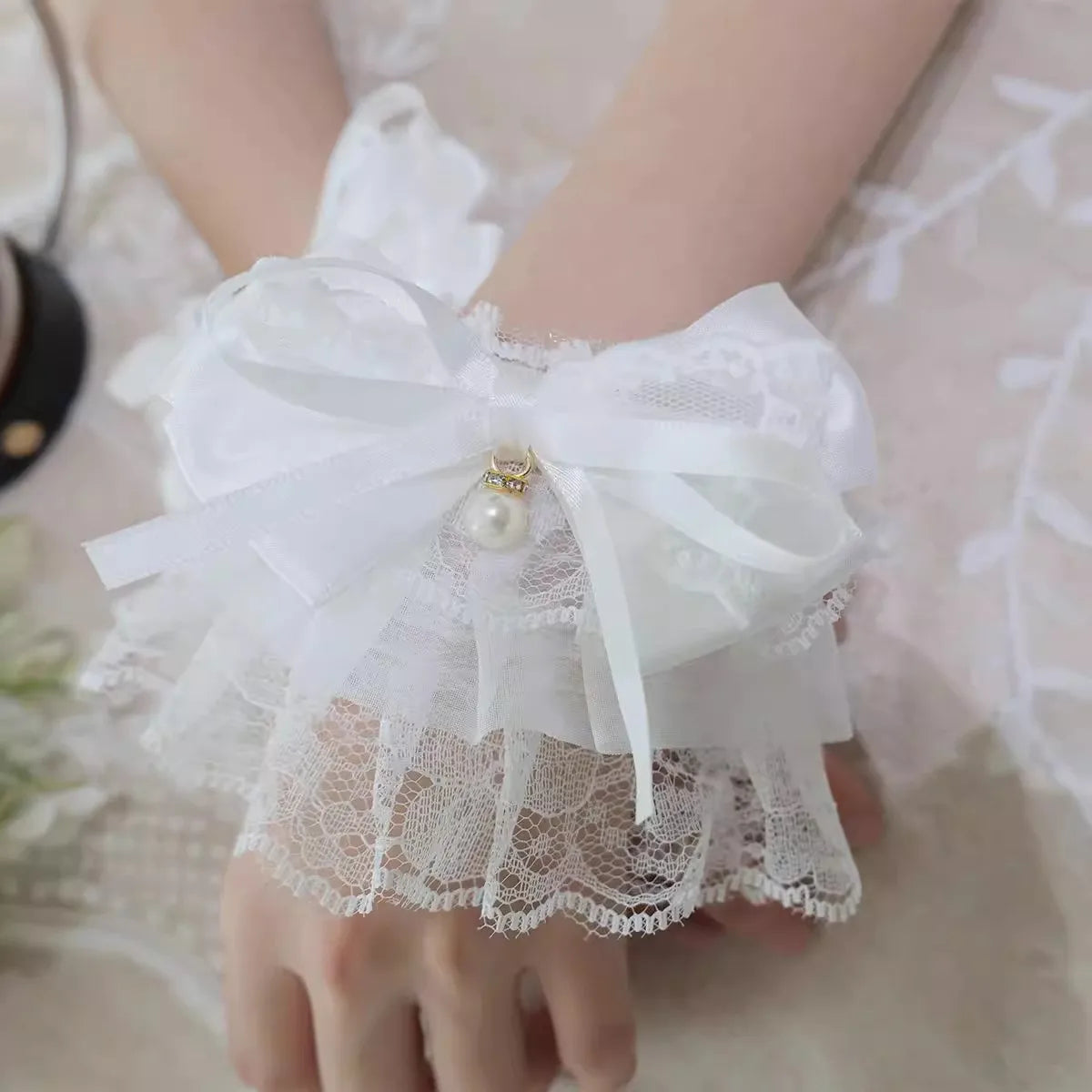 Lace Pearl Bow Bell Sleeve Cuff – Lolita Cosplay Wrist Band Sleeve Wrist Cuff Babs