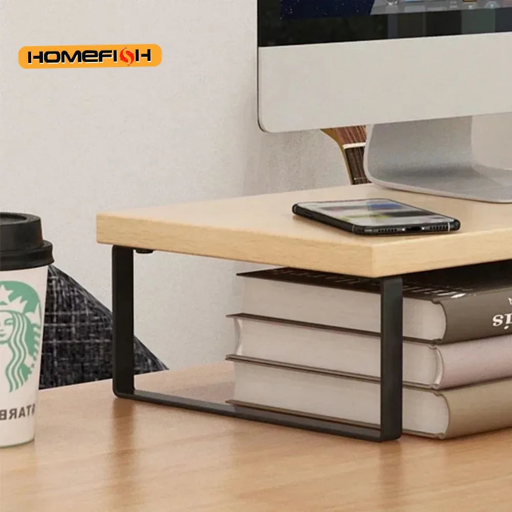 Monitor Stand Riser with Storage Rack – Iron & Wood Desk Organizer Monitor Stand Riser Babs