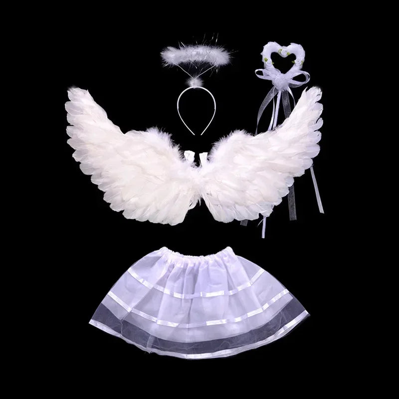 Girls Fairy Costume Set – Feather Wings, Tutu Skirt, Halo & Wand Girls Fairy Costume Babs WHITE