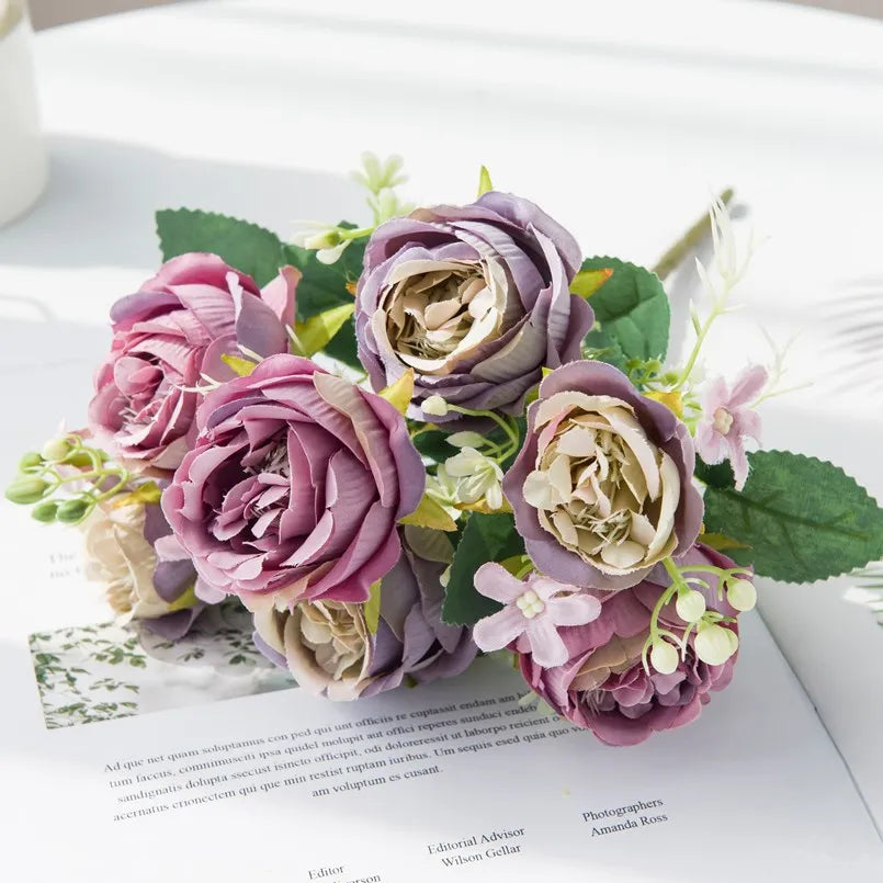 Silk Peony Bouquet – Artificial Flowers for Home & Wedding Artificial Flower Bouquet Babs PURPLE) 1 pc