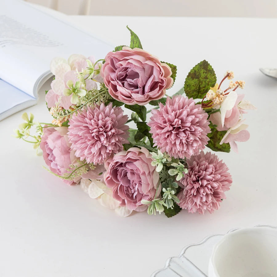 Silk Peony & Hydrangea Artificial Bouquet | Wedding Home Decor Artificial Flower Bouquet Babs PURPLE 1 pc