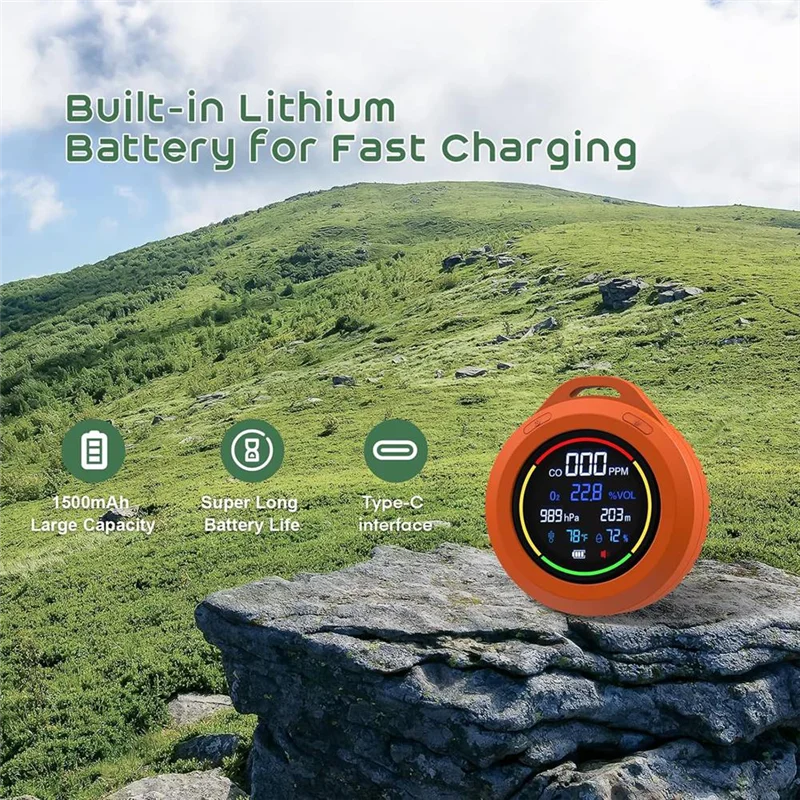 6-in-1 CO & Air Quality Monitor: Altitude, Humidity & Temp Air Quality Monitor Babs Orange