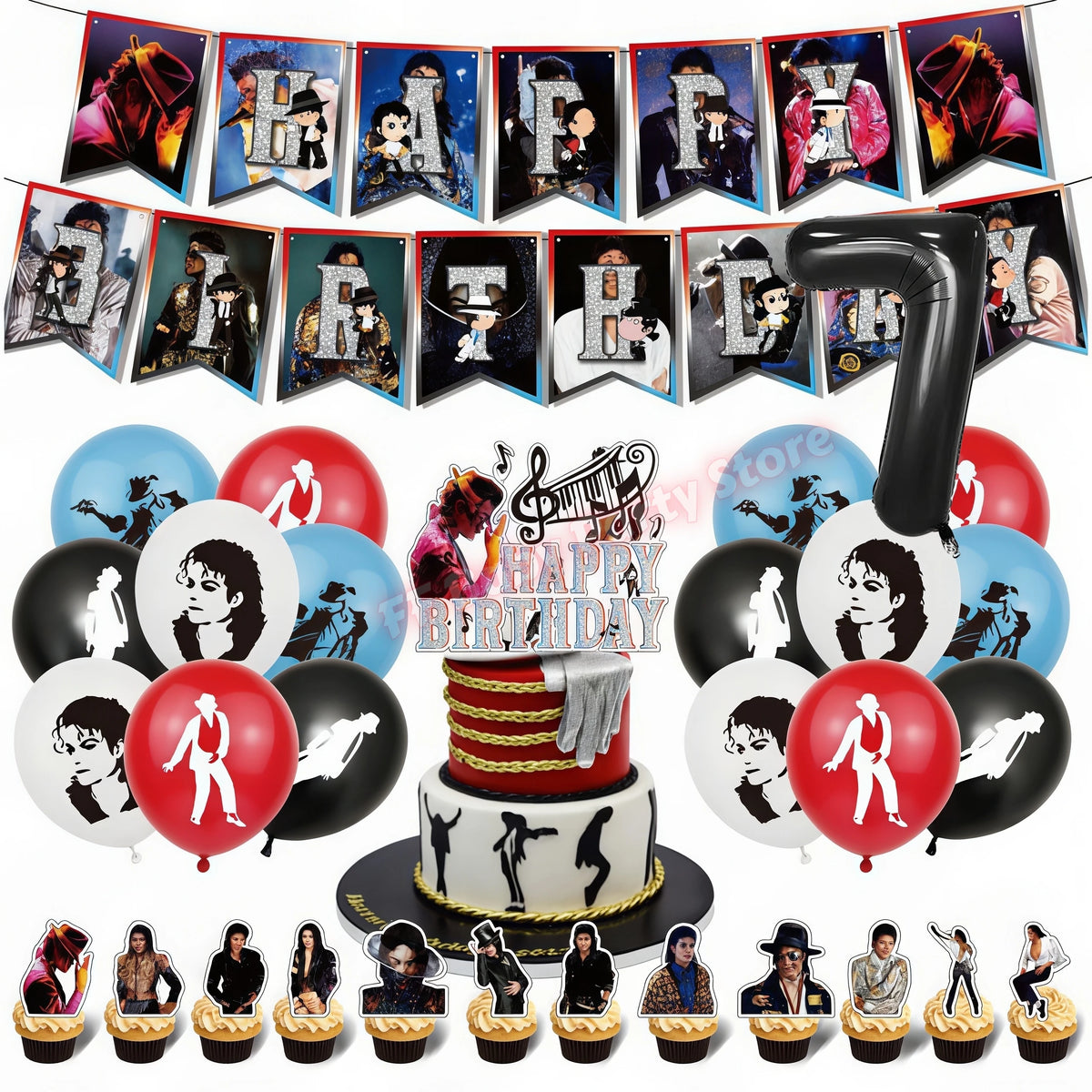 MJ Pop King Birthday Party Decorations – Balloon, Banner & Topper Party Decoration Set Babs 32pcs Number-7
