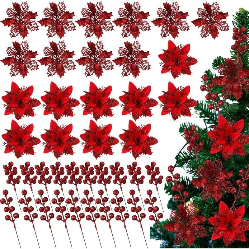 3Pcs White Glitter Artificial Flower Stems Christmas Tree Decor Christmas Tree Picks Babs Red 3Pcs