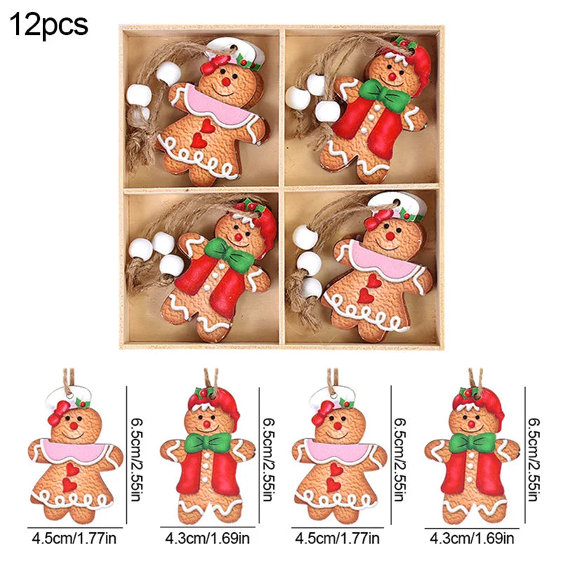 Christmas Wooden Ornaments – Gingerbread Man & Gnome Pendants Christmas Tree Ornament Babs 12PCS-K