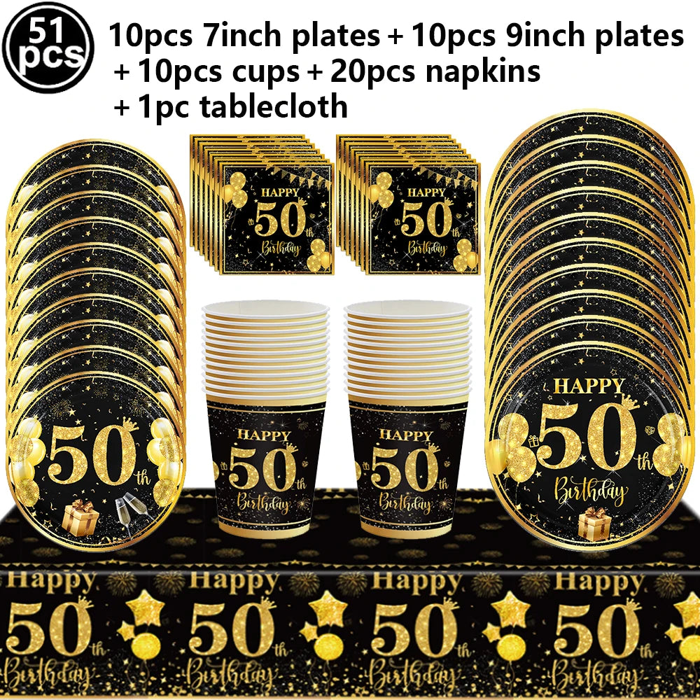 50th Birthday Party Decorations – Black & Gold Tableware Set Party Tableware Set Babs Silver