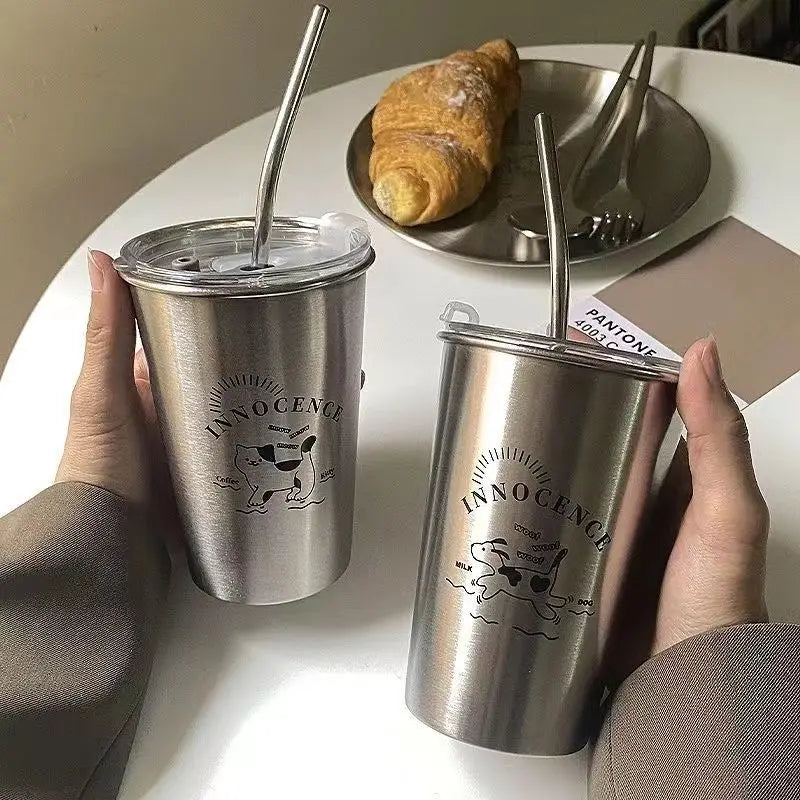 Large Stainless Steel Straw Cup with Lid – Hot & Cold Drinks Stainless Steel Tumbler Babs