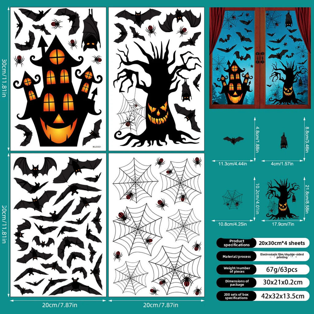 Halloween Static Cling Window Stickers – Ghost, Bat & House Halloween Window Clings Babs black