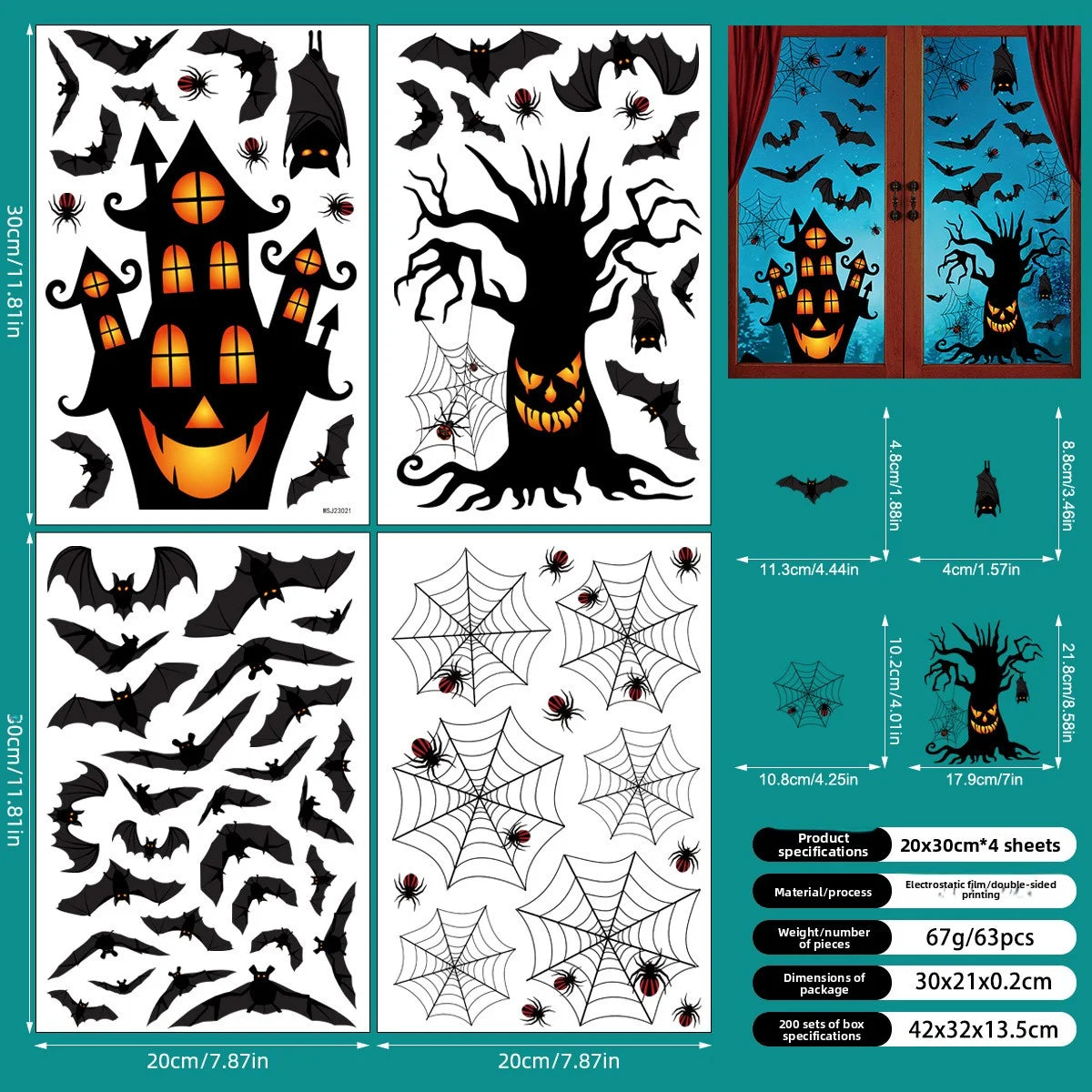 Halloween Static Cling Window Stickers – Ghost, Bat & House Halloween Window Clings Babs black