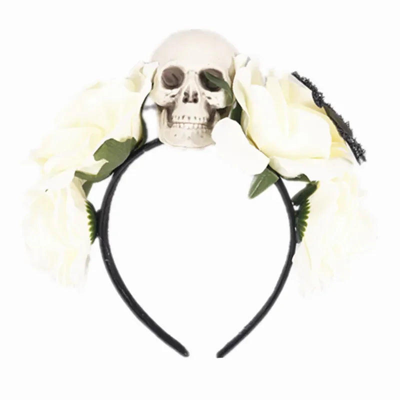Halloween Rose Skull Headband – Costume Party Hair Hoop Costume Headband Babs WHITE