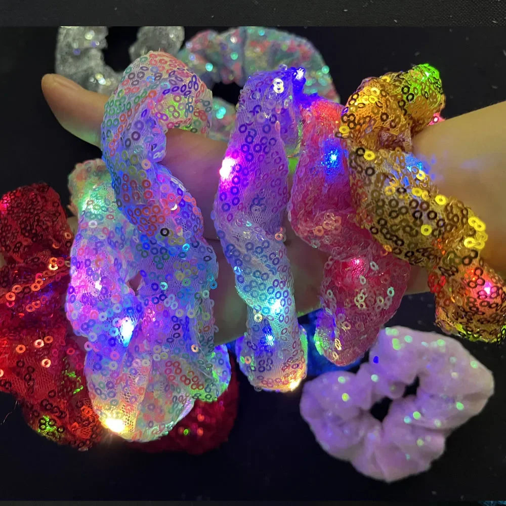 20pcs LED Glow Sequin Hair Scrunchies – 3 Light Modes Party LED Hair Scrunchies Babs