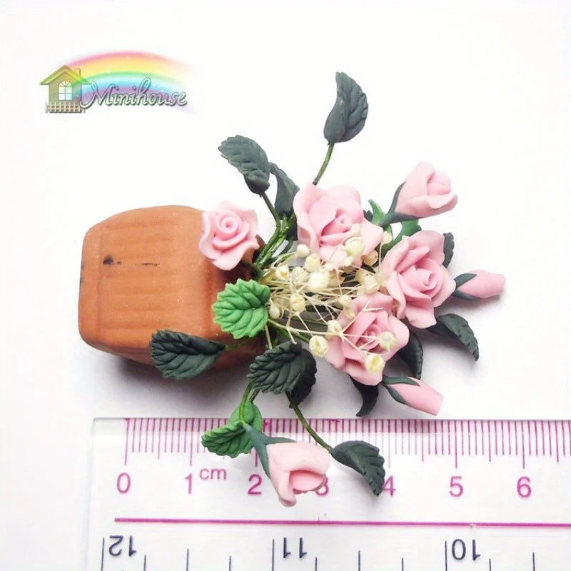 1/12 Mini Clay Rose Potted Plant – Dollhouse Miniature Décor Dollhouse Miniature Babs