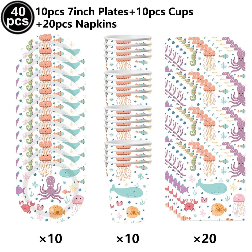 Ocean Animals Birthday Party Supplies Kit – Plates, Cups & More Party Supplies Kit Babs VIOLET/紫罗兰 as show