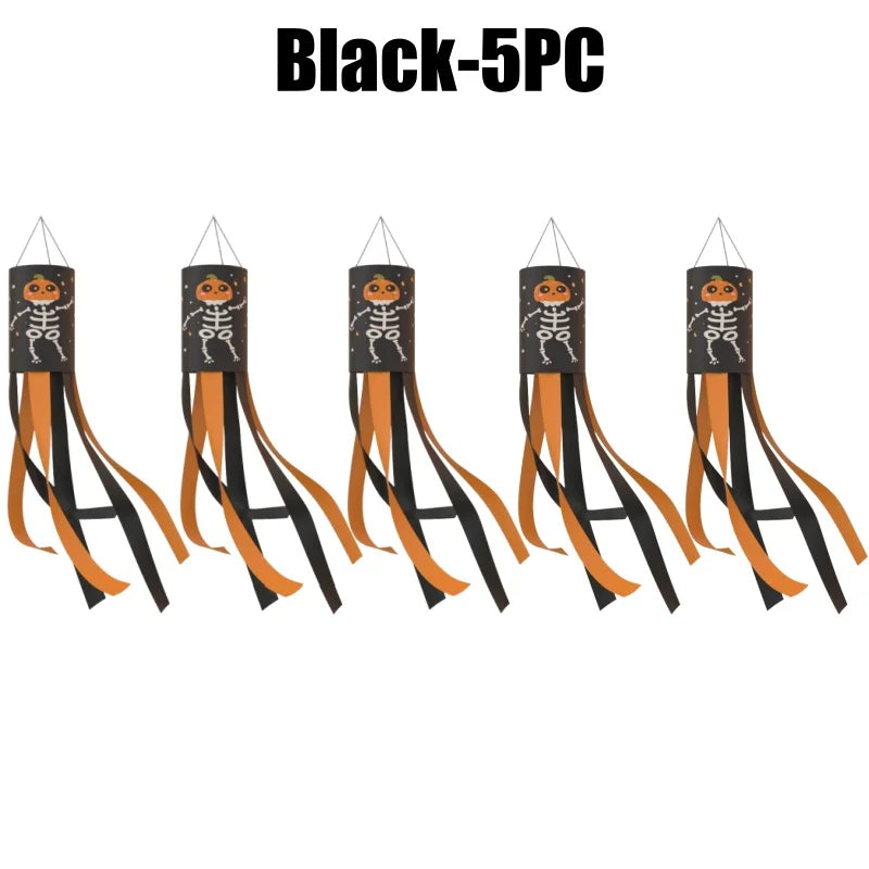 Halloween Windsock Flags – Ghost Pumpkin Skeleton Outdoor Decor Halloween Windsock Flag Babs Black-5PC