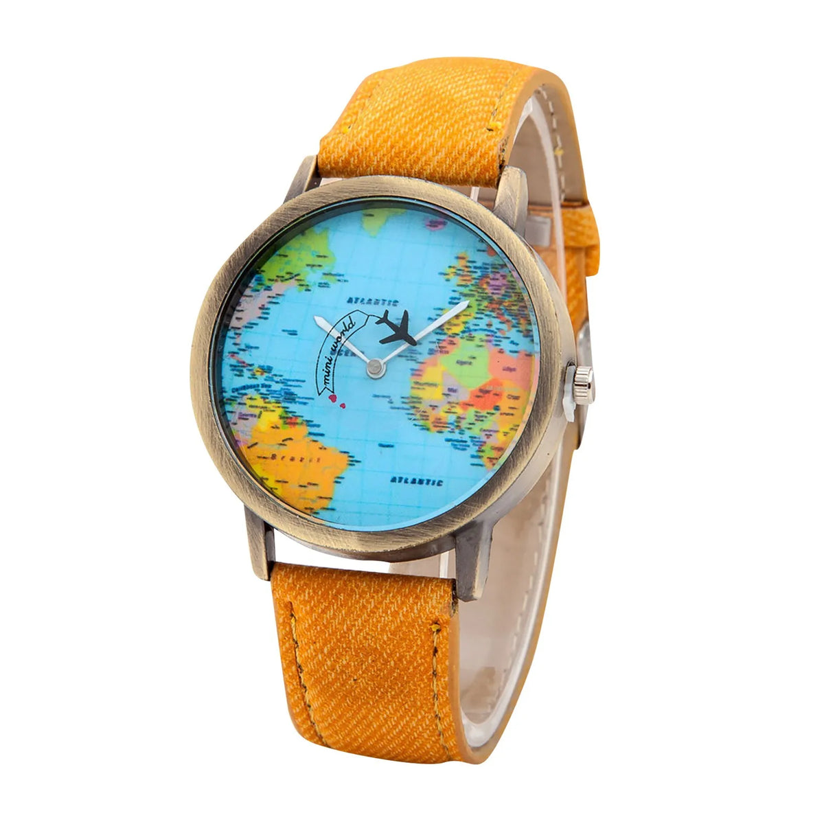 World Map Denim Band Quartz Watch – Unisex Casual Wristwatch Quartz Wristwatch Babs Yellow