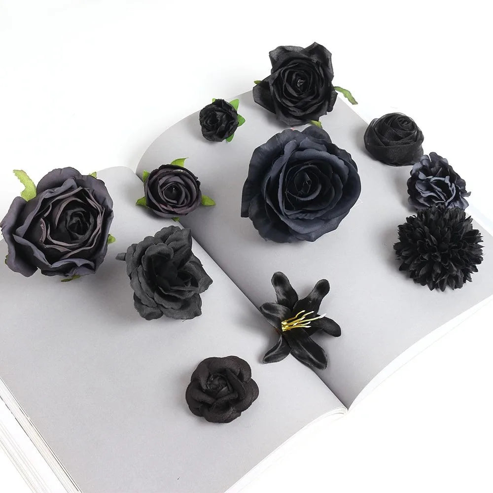 10Pcs Black Silk Artificial Rose Heads – DIY Wedding Decor Artificial Flower Heads Babs
