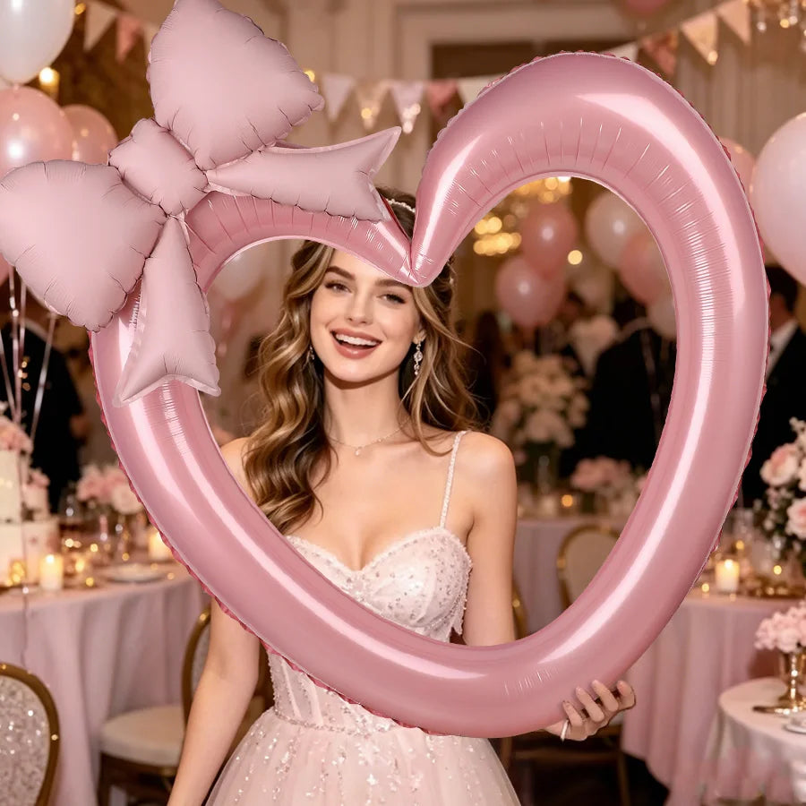 2pcs Hollow Heart Foil Balloons Pink Bow – Party Wedding Décor Foil Party Balloons Babs