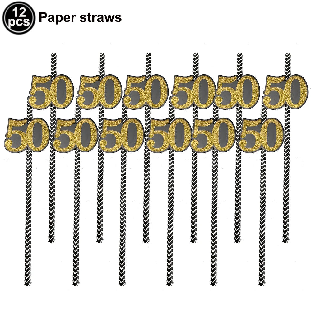 50th Birthday Party Decorations – Black & Gold Tableware Set Party Tableware Set Babs 12pcs straw