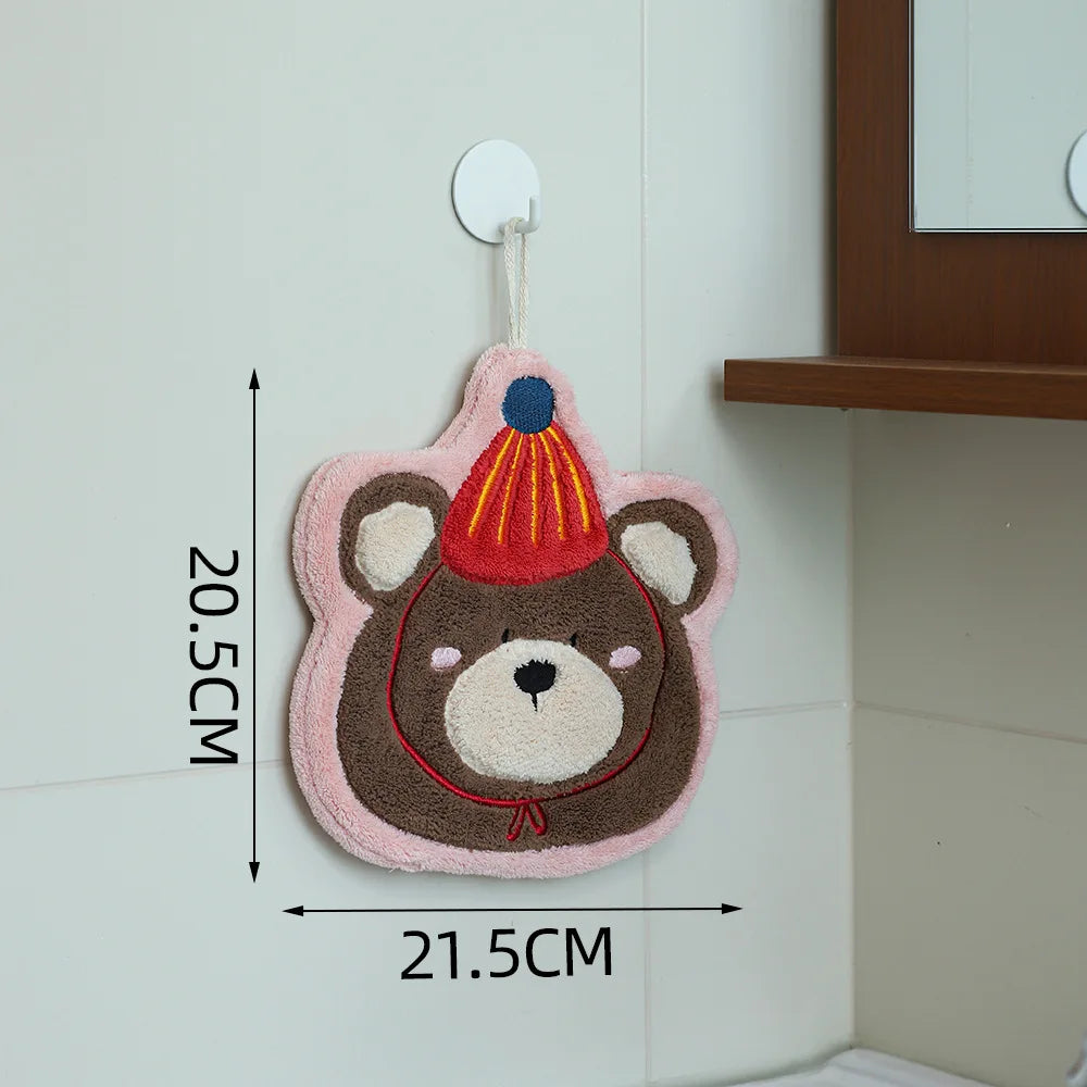 Coral Velvet Cartoon Hanging Hand Towel – Super Absorbent Hanging Hand Towel Babs pink bear