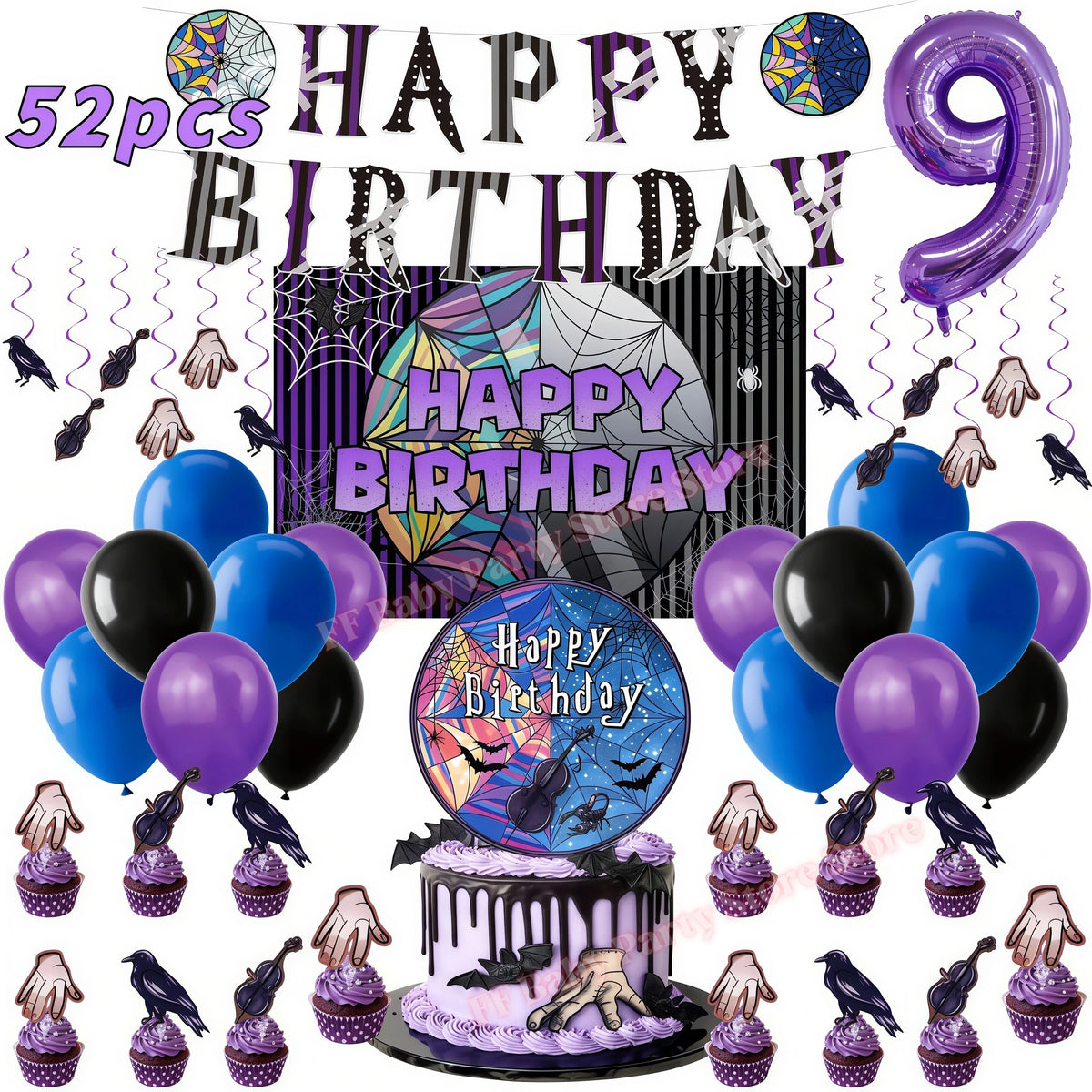 Addams Dark Academia Birthday Party Kit – Balloons, Plates & Backdrop Party Decoration Kit Babs 52pcs Numer9 others