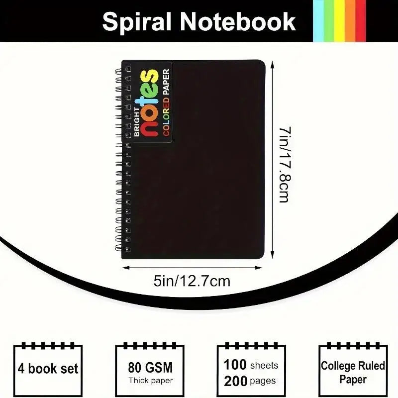 4-Pack Neon Spiral Notebooks 5x7 College Ruled, Mylar Cover Spiral Notebook Set Babs
