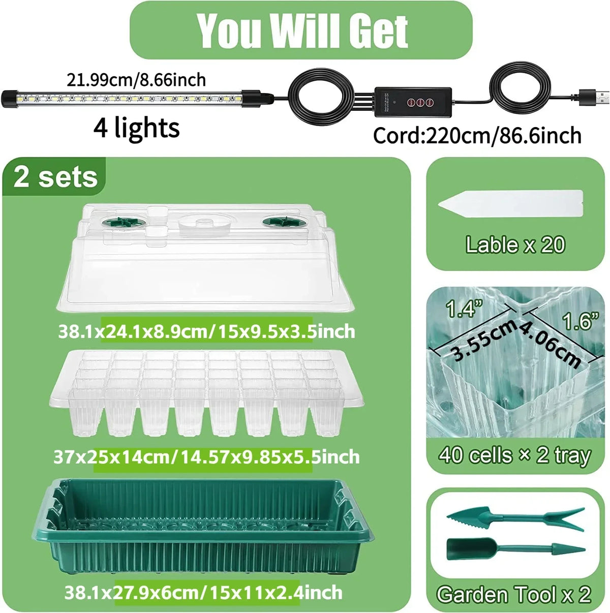 2-Pack Seed Starter Trays 80 Cells, LED Grow Lights & Smart Timer Seed Starter Kit Babs
