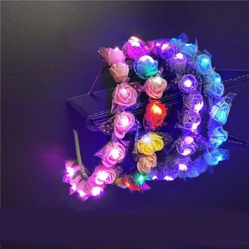 10pc LED Light Up Flower Wreath Headbands – Glow Party Pack LED Party Headband Babs